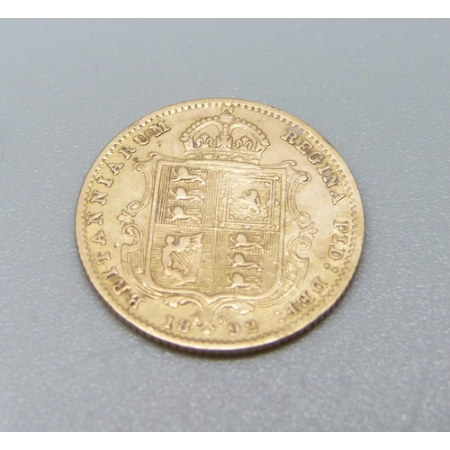 840 - A Victorian 1892 shield back half sovereign