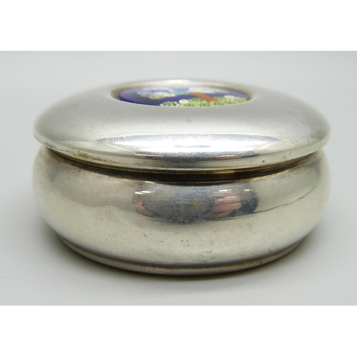 844 - A German 800 grade silver lidded bowl with millefiori detail in the form of a tree, diameter 52mm