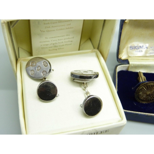 855 - Ten pairs of silver cufflinks including one Carrs, boxed