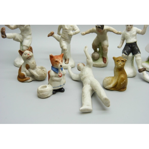 867 - A collection of early 20th Century cake decorations, including cricketers figures, footballers, a te... 