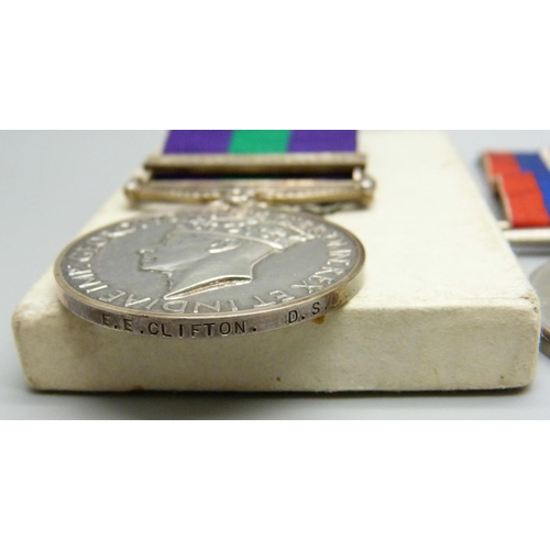 868 - A set of five WWII medals including Palestine General Service medal to E.E. Clinton D.S.O., boxed, T... 