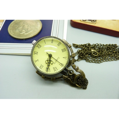 871A - An Ingersoll pocket watch, pendant watches, Ironbridge Gorge coin and coin set