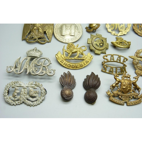 874 - Assorted cap and other badges including Death Or Glory, Boer War Natal Mounted Rifles, a silver RLI ... 