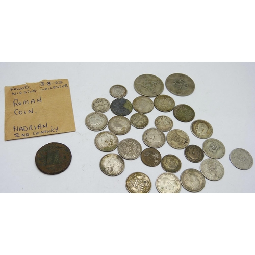 900 - 1920 to 1946 silver coinage, 78.5g and a Roman bronze coin, possibly Hadrian, with paperwork