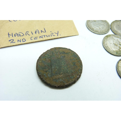 900 - 1920 to 1946 silver coinage, 78.5g and a Roman bronze coin, possibly Hadrian, with paperwork