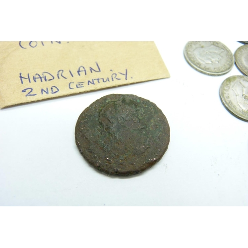 900 - 1920 to 1946 silver coinage, 78.5g and a Roman bronze coin, possibly Hadrian, with paperwork