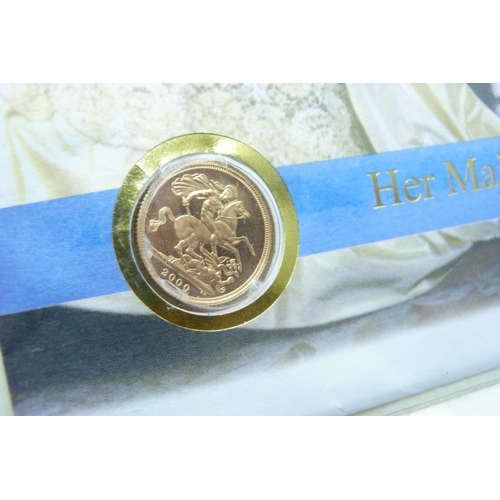 901 - A 2000 gold proof full sovereign coin cover, Queen Mother's 100th Birthday, limited edition