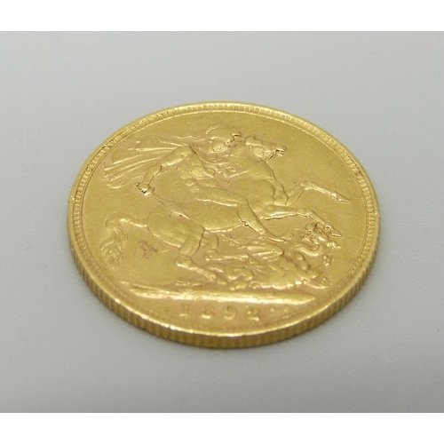 923 - A rare Victorian 1892 gold full sovereign