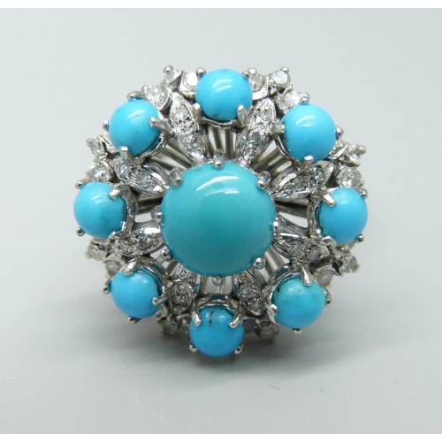 970 - An 18ct white gold, diamond and turquoise ring, 8.6g, Q