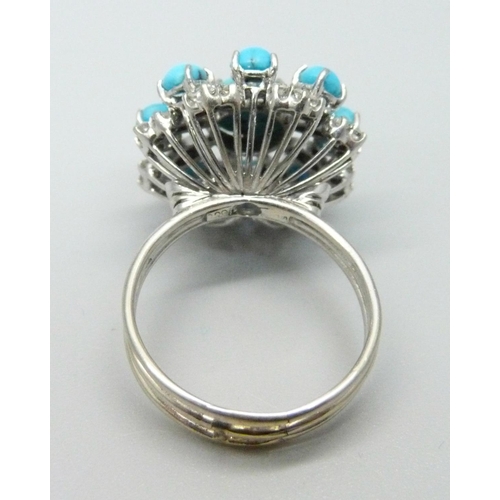 970 - An 18ct white gold, diamond and turquoise ring, 8.6g, Q