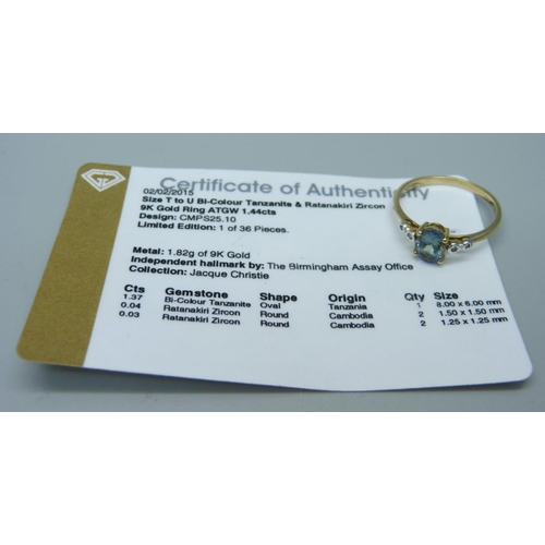 975 - A 9ct gold bicolour tanzanite and zircon ring, with certificate, 2.2g, U