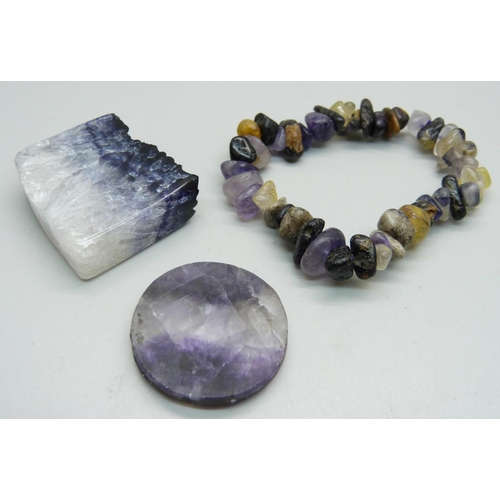 991 - A Blue John cabochon, a polished sample and a polished Blue John stone bracelet