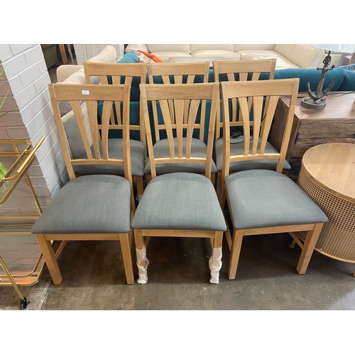 1390 - A set of six oak and dark grey upholstered dining chairs