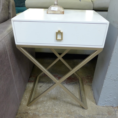 1445 - A white single drawer side table with cross legs, slight marks