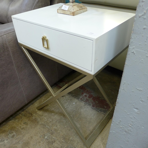 1445 - A white single drawer side table with cross legs, slight marks