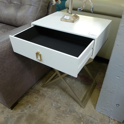 1445 - A white single drawer side table with cross legs, slight marks