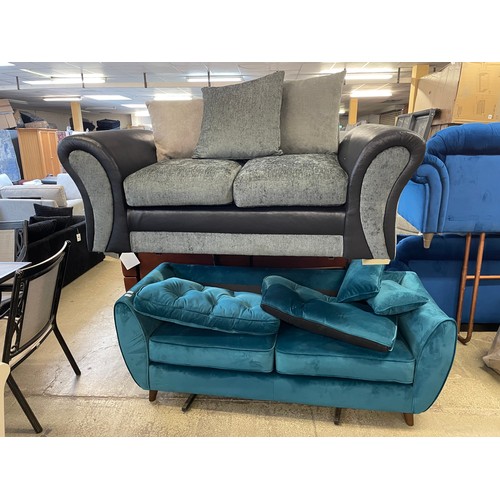 1552 - A teal velvet three seater sofa (damaged) and a small grey two seater sofa (missing cushions)