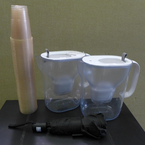 3264 - Shedrain 42 Slim Umbrella, Two Brita Maxtra+Xl 3.6l Style Jugs And Plastic Cups (290-86,88) * This l... 