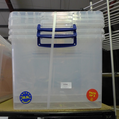 3394 - 3 Really Useful Box 33.5l containers with lids (damaged)