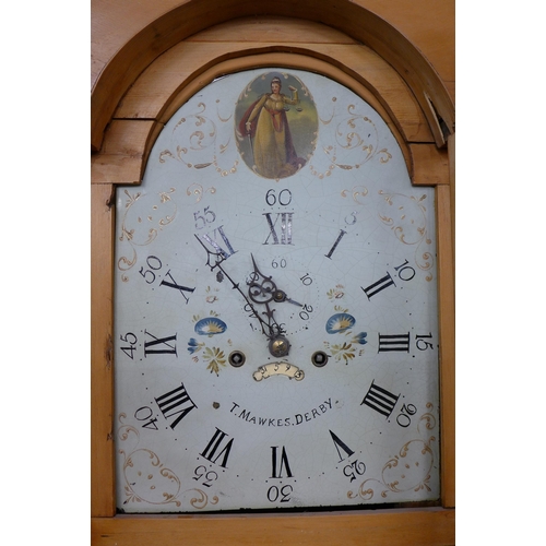 131 - A George III pine 30-hour longcase clock, the painted dial signed Thomas Mawkes, Derby