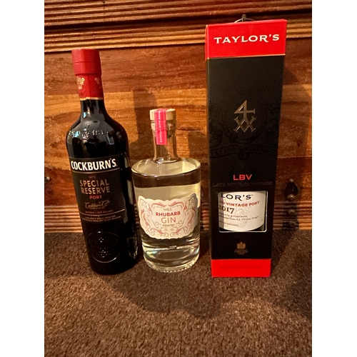 2096C - Cockburn Special Reserve port Boxed, Marks & Spencer’s Rhubarb gin and Taylor’s Late bottled vintage... 