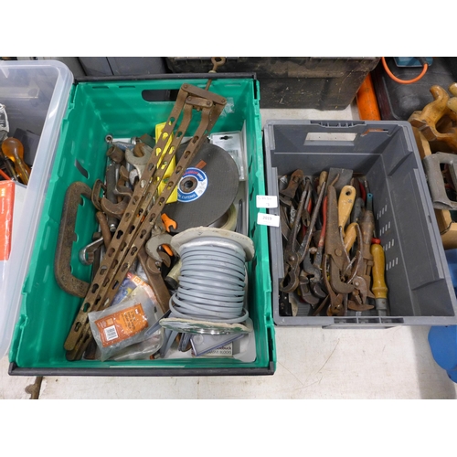 2019 - 2 trays of assorted tools including cable wire and hand tools