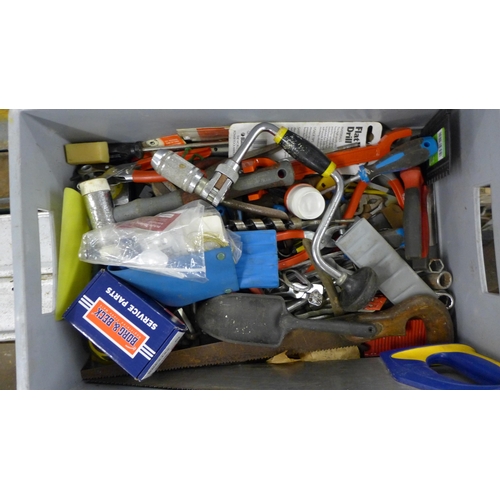 2031 - Two boxes of tools including saws, basin wrench, tape measures and more