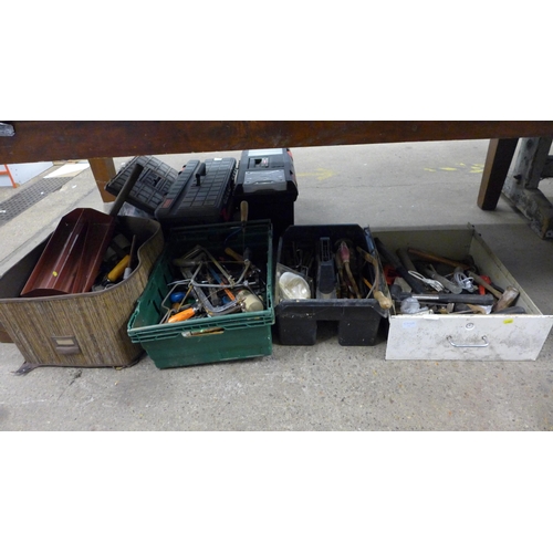 2032 - Four boxes of mostly hand tools including hammers, saws, screwdrivers, files etc