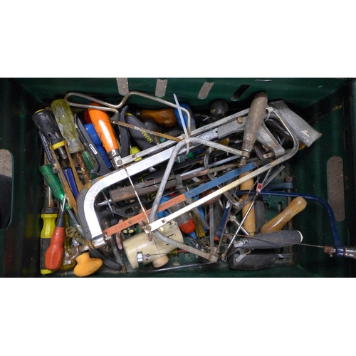 2032 - Four boxes of mostly hand tools including hammers, saws, screwdrivers, files etc