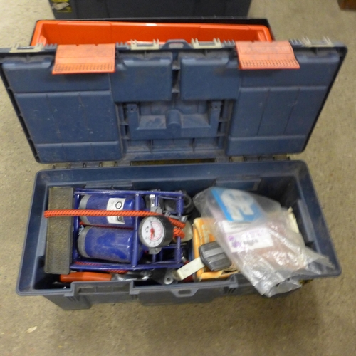 2038 - Three boxes of hand tools, foot pump, spanners, screwdriver, some vintage