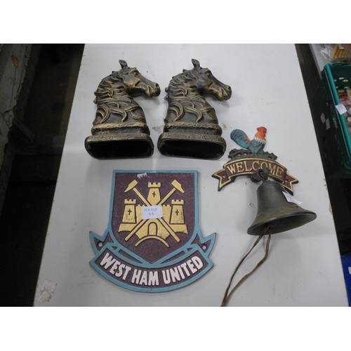 2100 - 3 Cast metal items including West Ham football club plaque, horses heads and a welcome bell with  co... 