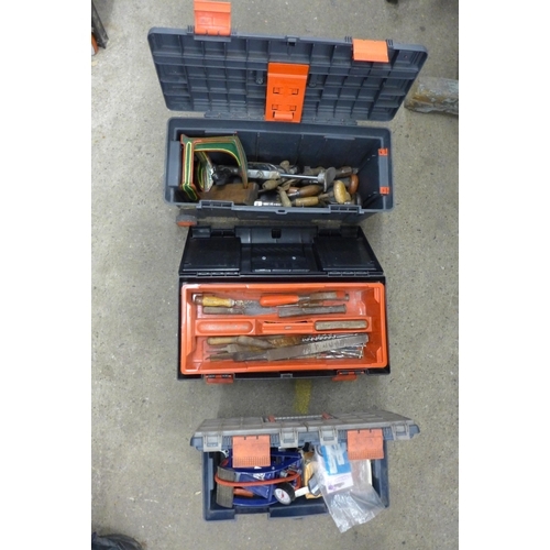 2038 - Three boxes of hand tools, foot pump, spanners, screwdriver, some vintage