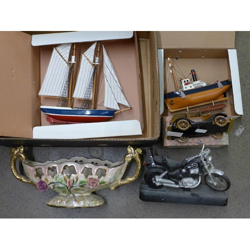 1164 - Two wooden model boats, a wooden car, model motor bike with integral clock and a table  **PLEASE NOT... 