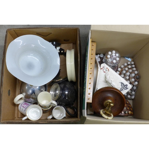 1167 - A box of ceramic thimbles with display stands, a box of glassware, plated ware, china including Roya... 