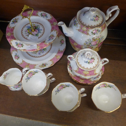 661 - A Royal Albert Lady Carlyle six setting tea service, six cups, saucers, side plates, teapot, sugar a... 