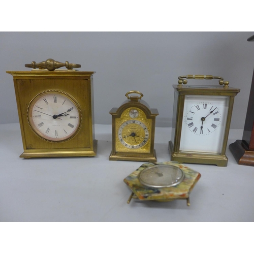 694 - Five clocks including Art Nouveau miniature Grandfather clock, two carriage clocks and a Swiza