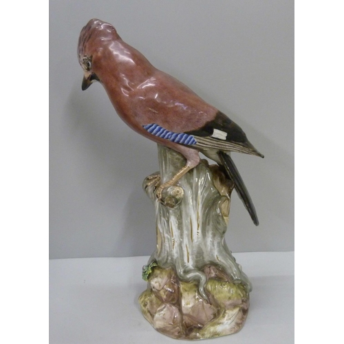 702 - A 19th Century Meissen model of a jay perched on a tree stump, wing tips a/f, 38cm