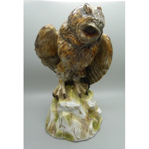 703 - A Dresden figure of a long-eared owl, 26cm, a/f