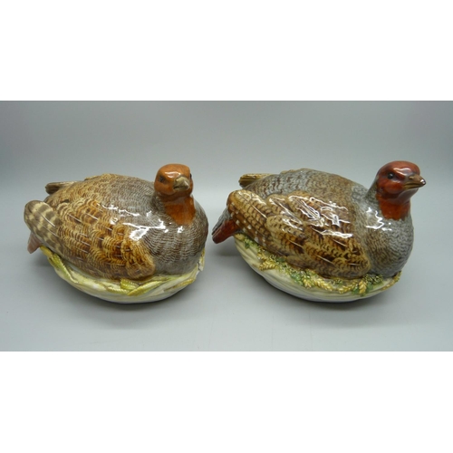 704 - Two 19th Century Meissen model partridges on nests, 14cm, one some of the detail and beak restored