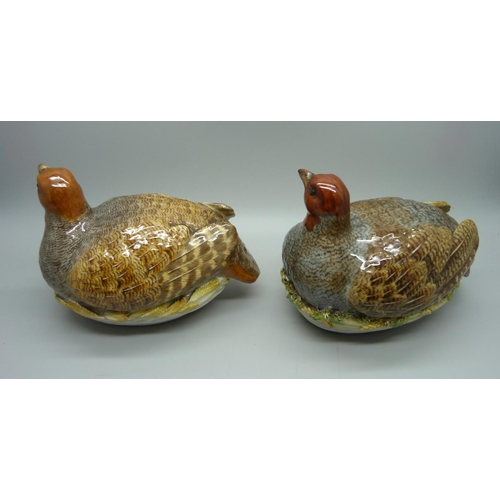 704 - Two 19th Century Meissen model partridges on nests, 14cm, one some of the detail and beak restored