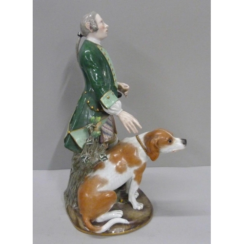 705 - A Meissen figure of a Georgian gentleman and gun dog, a/f, 29.5cm