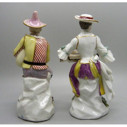 706 - A pair of 19th Century German porcelain figures, musicians, one a/f, 14cm