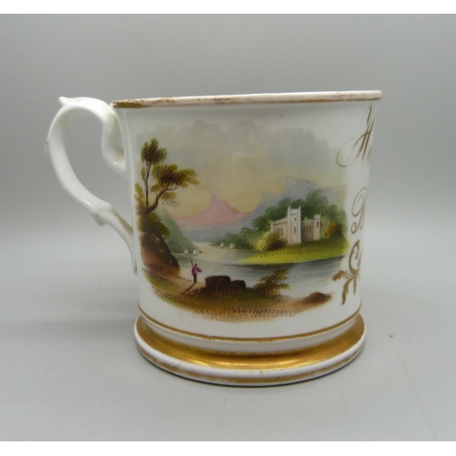 712 - A 19th Century mug, with Henry Francis Burdett name and two vignettes of riverside views