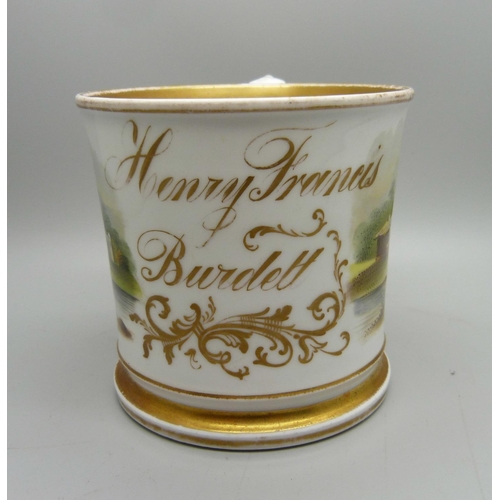 712 - A 19th Century mug, with Henry Francis Burdett name and two vignettes of riverside views