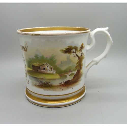 712 - A 19th Century mug, with Henry Francis Burdett name and two vignettes of riverside views