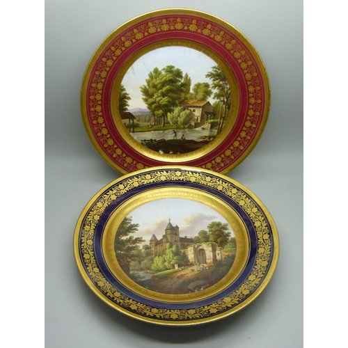 716 - A pair of continental hand painted cabinet plates, view of a chateau and a view of a watermill, 23cm