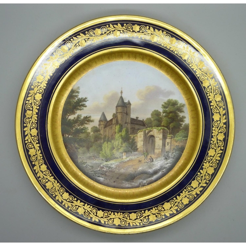 716 - A pair of continental hand painted cabinet plates, view of a chateau and a view of a watermill, 23cm