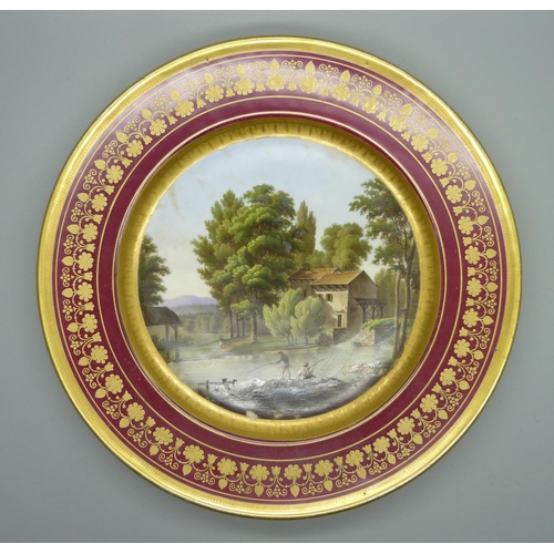 716 - A pair of continental hand painted cabinet plates, view of a chateau and a view of a watermill, 23cm