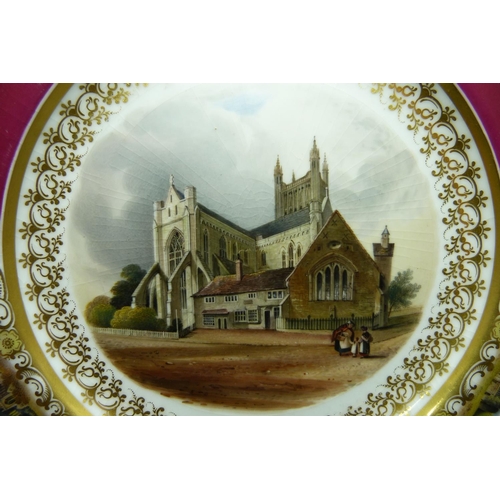 721 - A 19th Century Worcester cabinet plate with burgundy border decorated with vignettes of Worcester, G... 