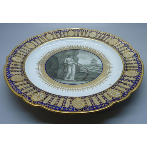 724 - A Flight Worcester plate of the Hope Service, painted en grisaille with 'Hope' looking out to sea wi... 